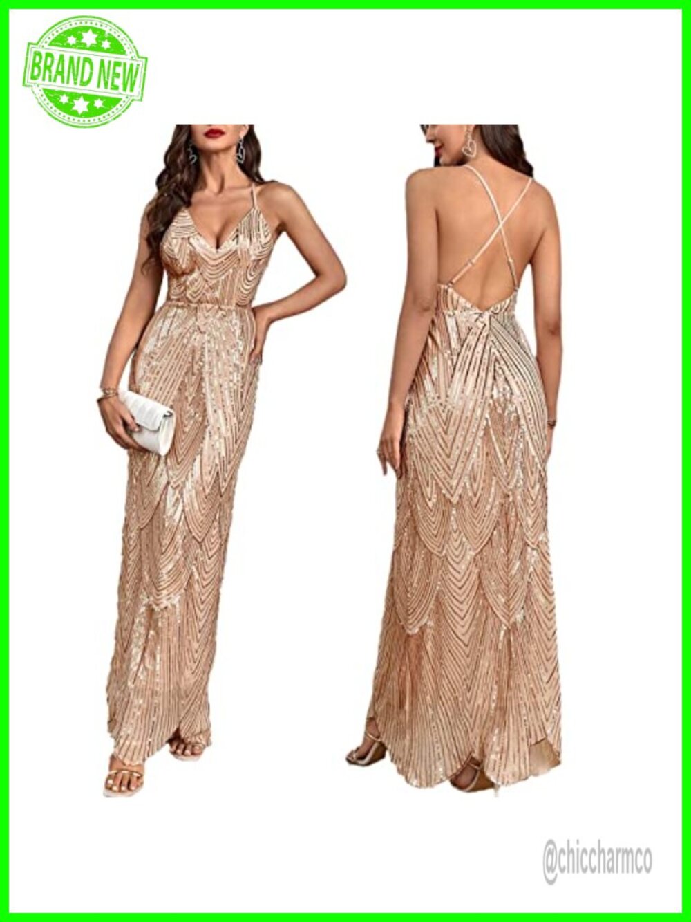 Women's V Neck Spaghetti Straps Sequin Sparkly Glitter Irregular Hem Backless